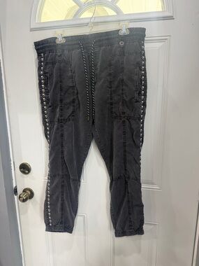 Anthropologie Black Stud-Trim Boyfriend Linen Pants